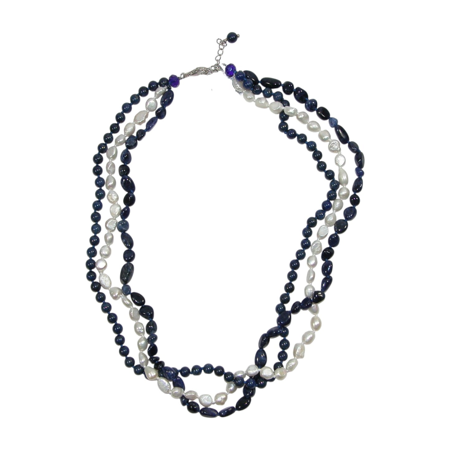 Blue Lapis, Freshwater Pearl Three Strand Sterling Silver Beaded Necklace