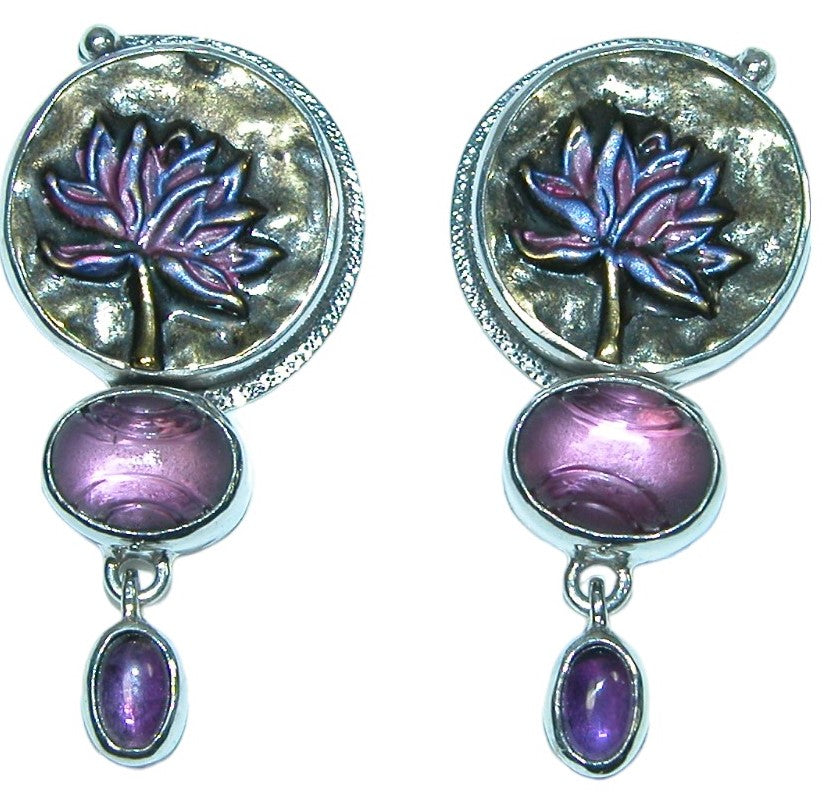 32216 Amethyst Enamel Lotus Sterling Silver Earring