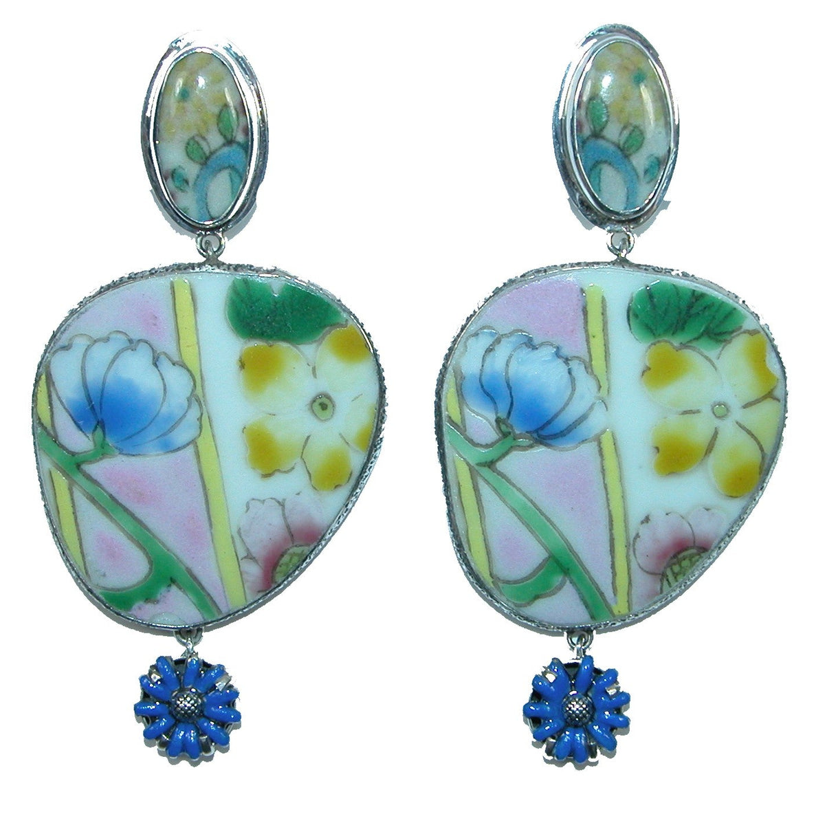 32220 Handmade Tile, Porcelain, Enameled Floral Sterling Silver Earrings