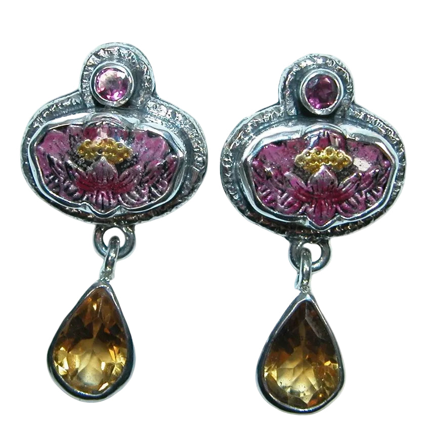 32221 Hand Enameling Flower, Citrine Sterling Silver Earrings