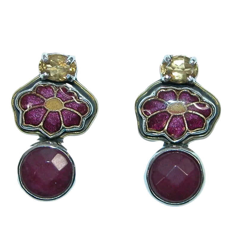 32234 Hand Enameling Flower, Quartz, Citrine Sterling Silver Earrings
