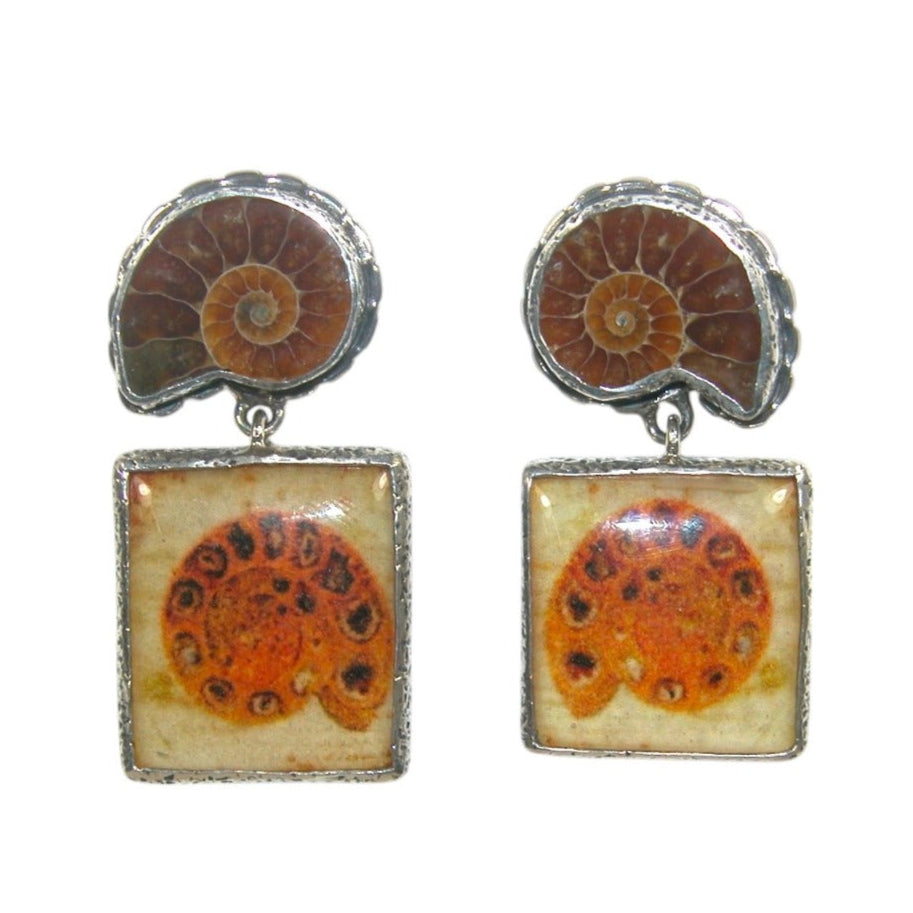 32248 Ammonite Fossil with Handmade Tiles Sterling Silver Earrings