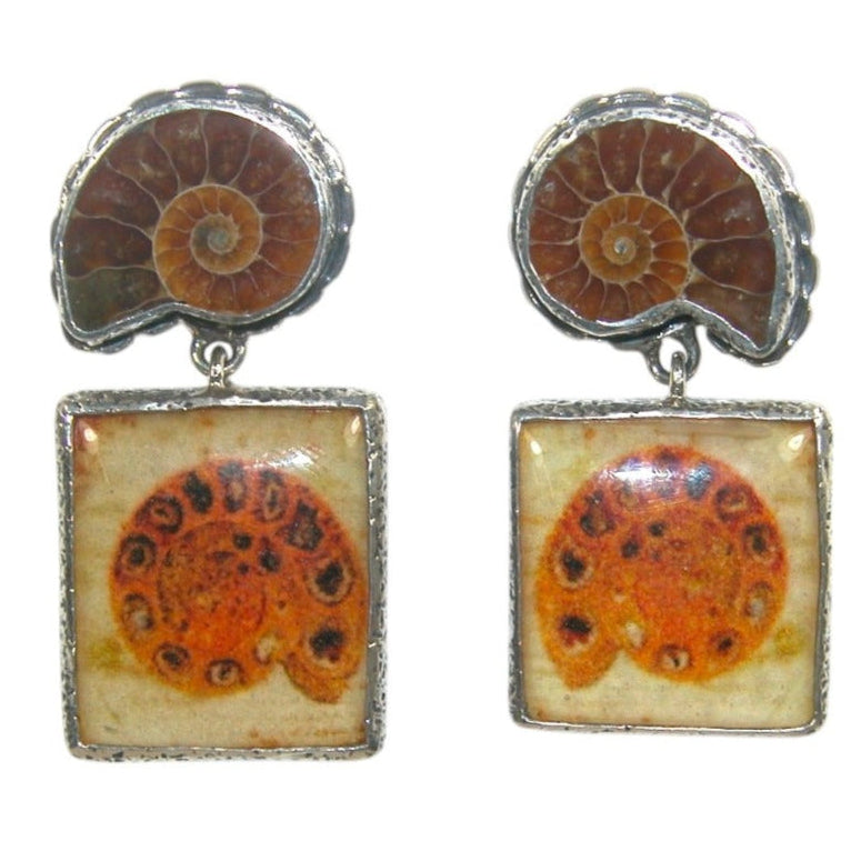 32248 Ammonite Fossil with Handmade Tiles Sterling Silver Earrings
