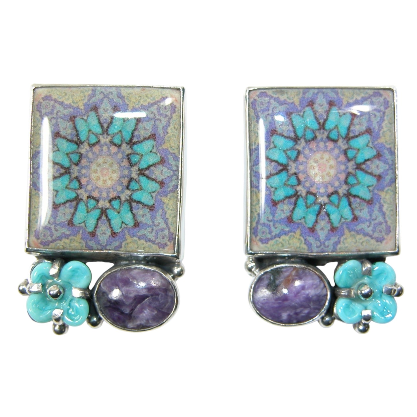 29773 Handmade Tile Charoite Glass on Sterling Silver Earrings