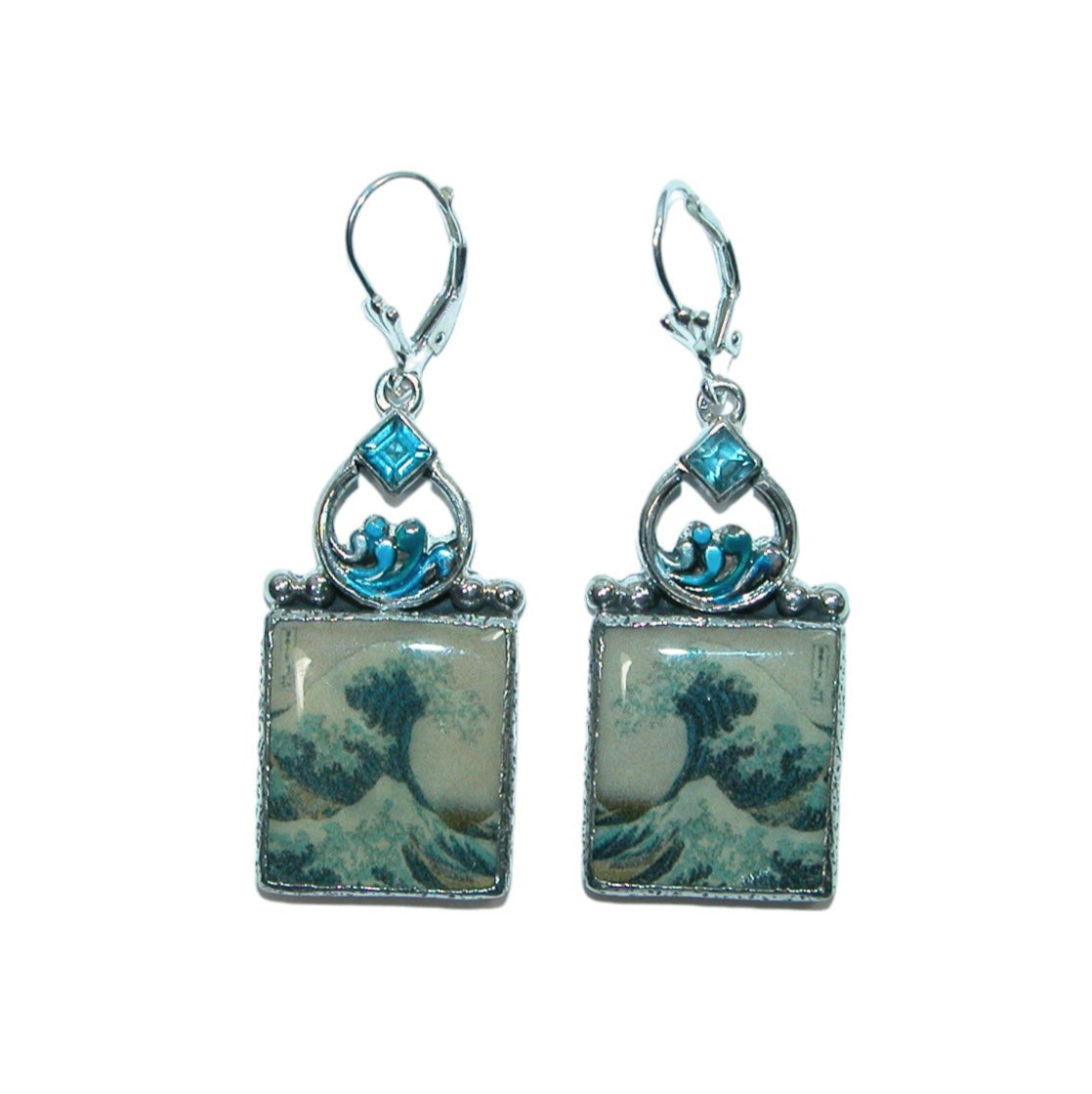 32258 Aquamarine and Handmade Wave Tile Dangle Sterling Silver Earrings