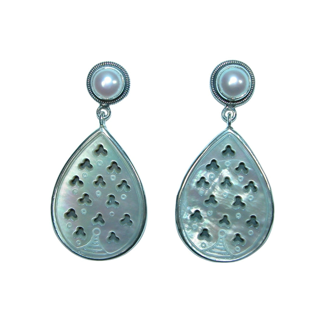 Carved Freshwater Pearl Sterling Silver Earrings