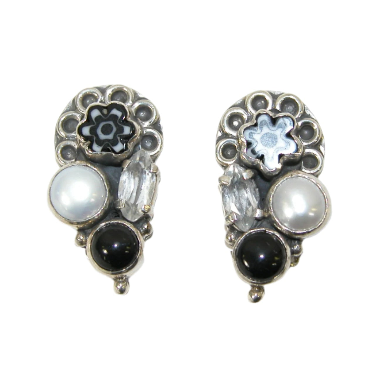 32265 Black Onyx, Freshwater Pearl, Quartz Sterling Silver Earrings