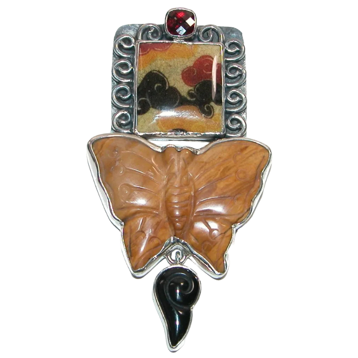 32275 Carved Butterfly and Tile Onyx Sterling Silver Pendant
