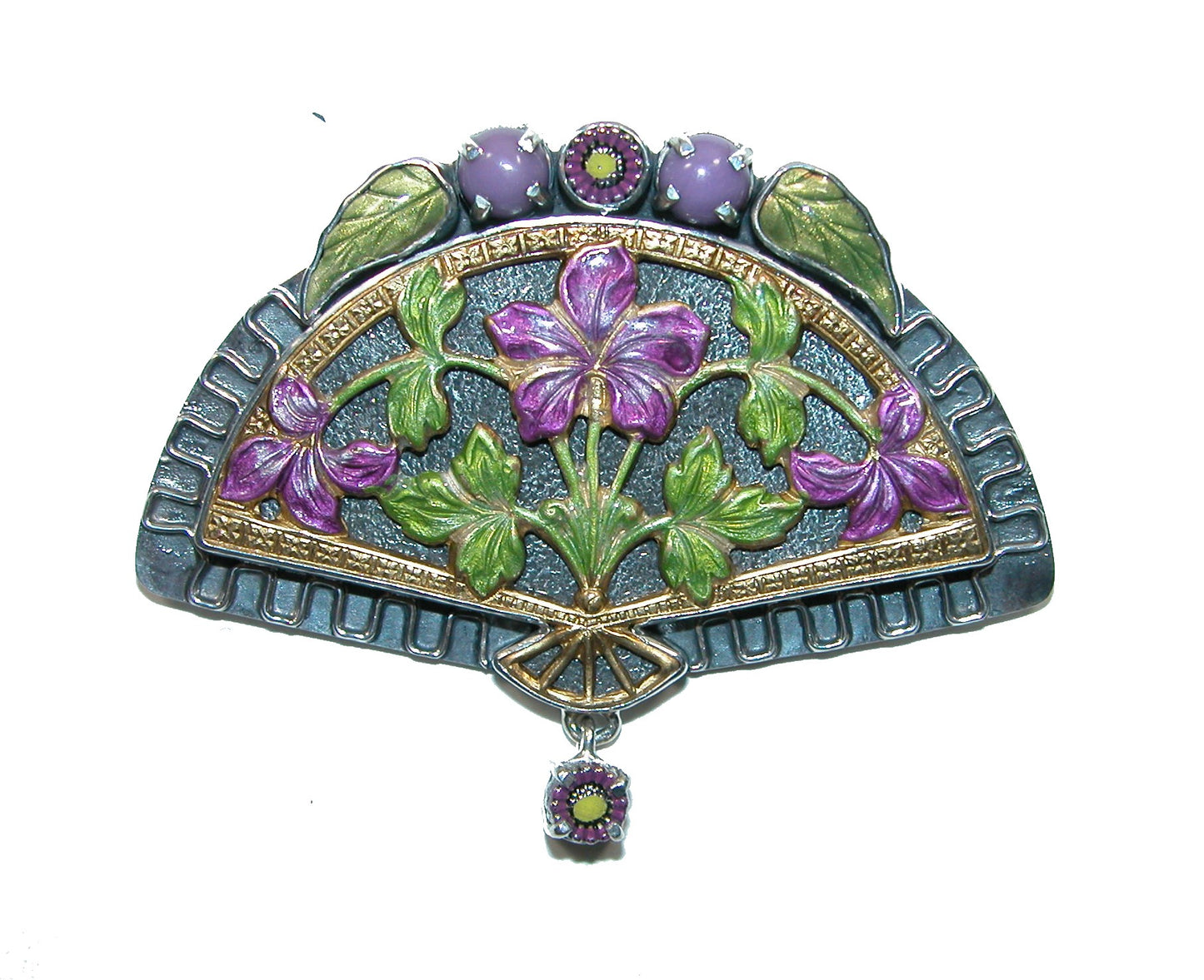 Floral Enameled Fan Sterling Silver Pin and Pendant
