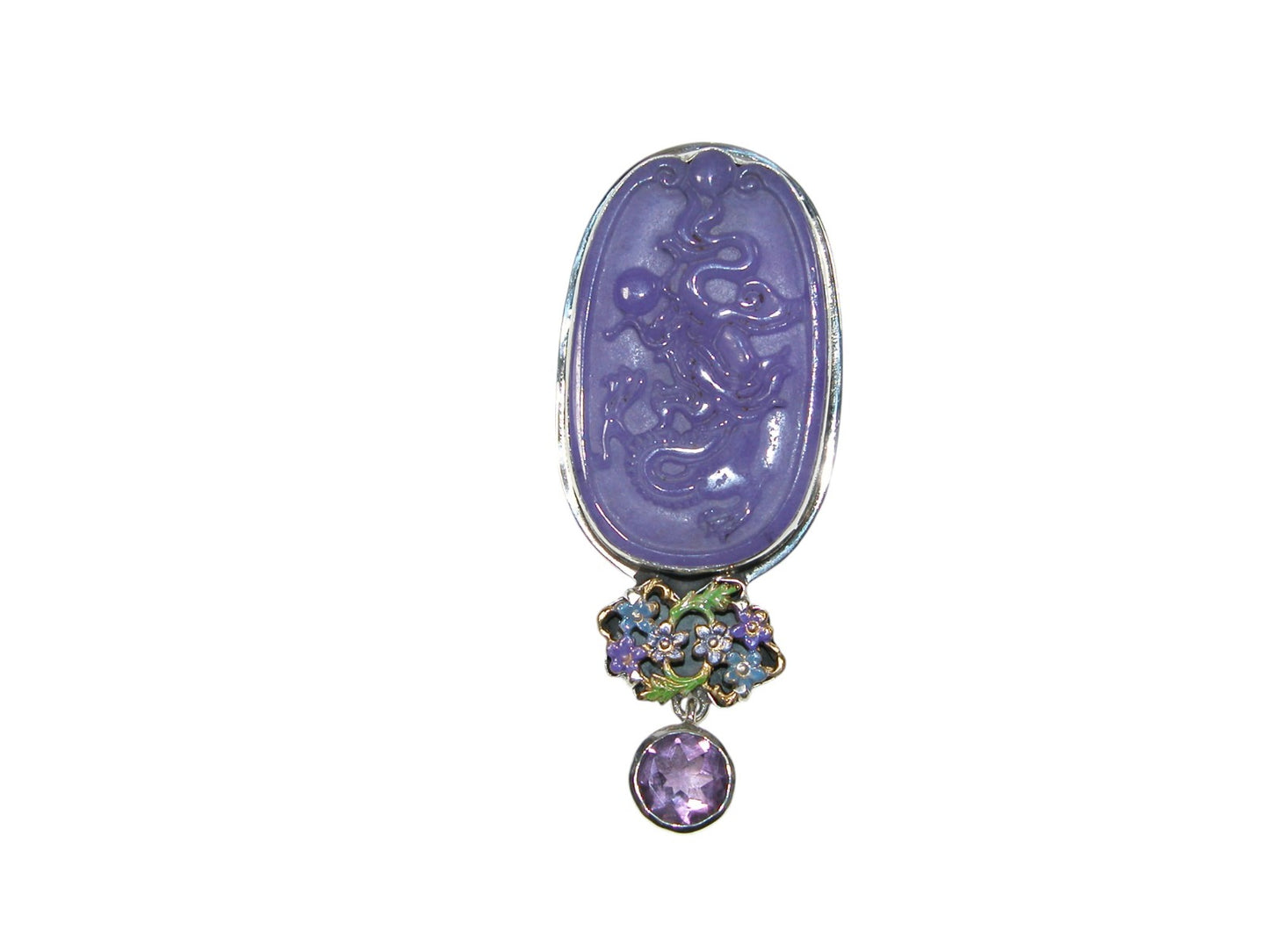 Hand Carved Purple Quartz Sterling Silver Pin Pendant