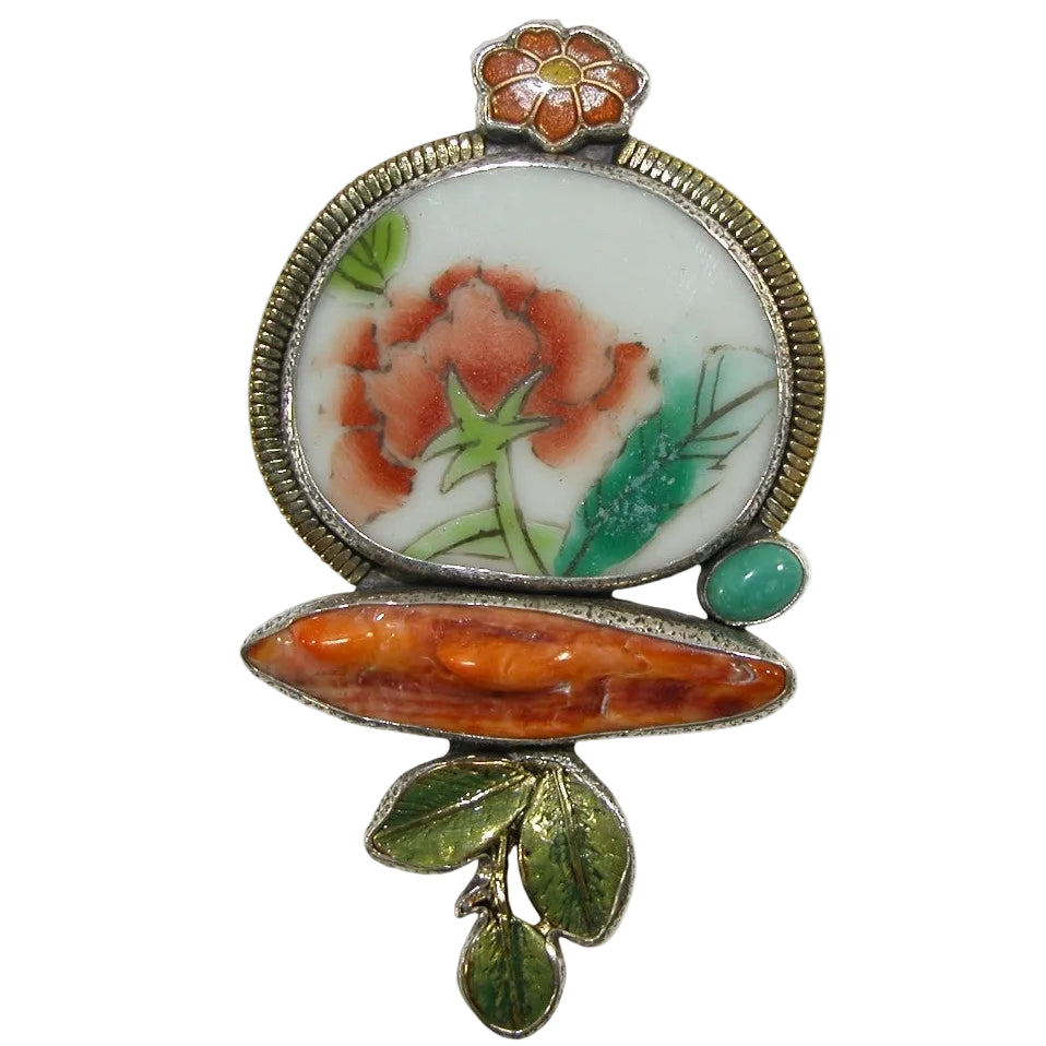 32318 Porcelain Flower, Coral, Amazonite Sterling Silver Pin / Pendant