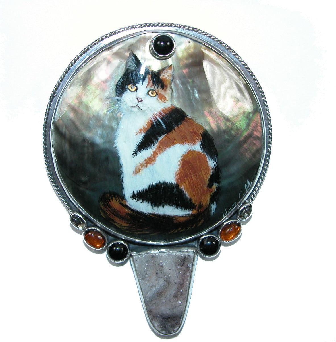 Hand Painted Calico Cat Mother of Pearl Pin Pendant