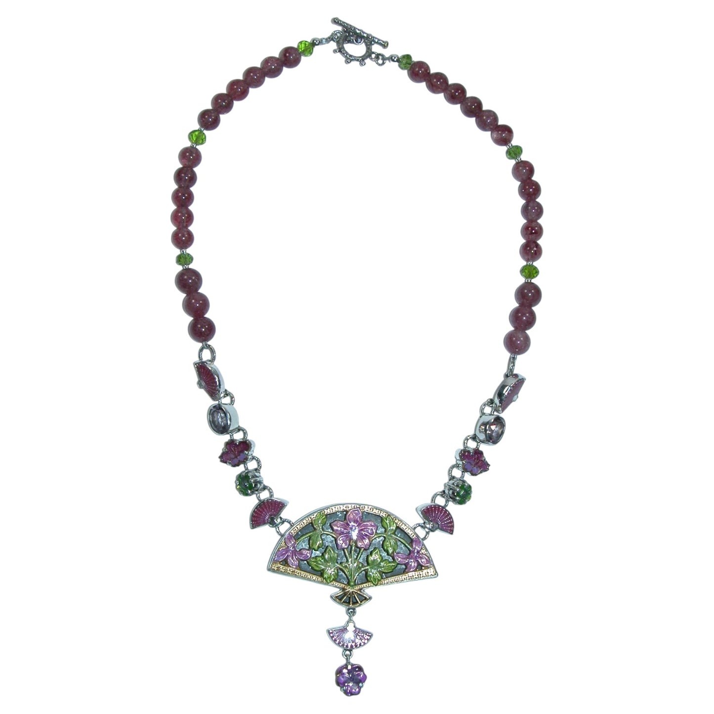 32353 Hand Enameled Floral Beaded Sterling Silver Necklace