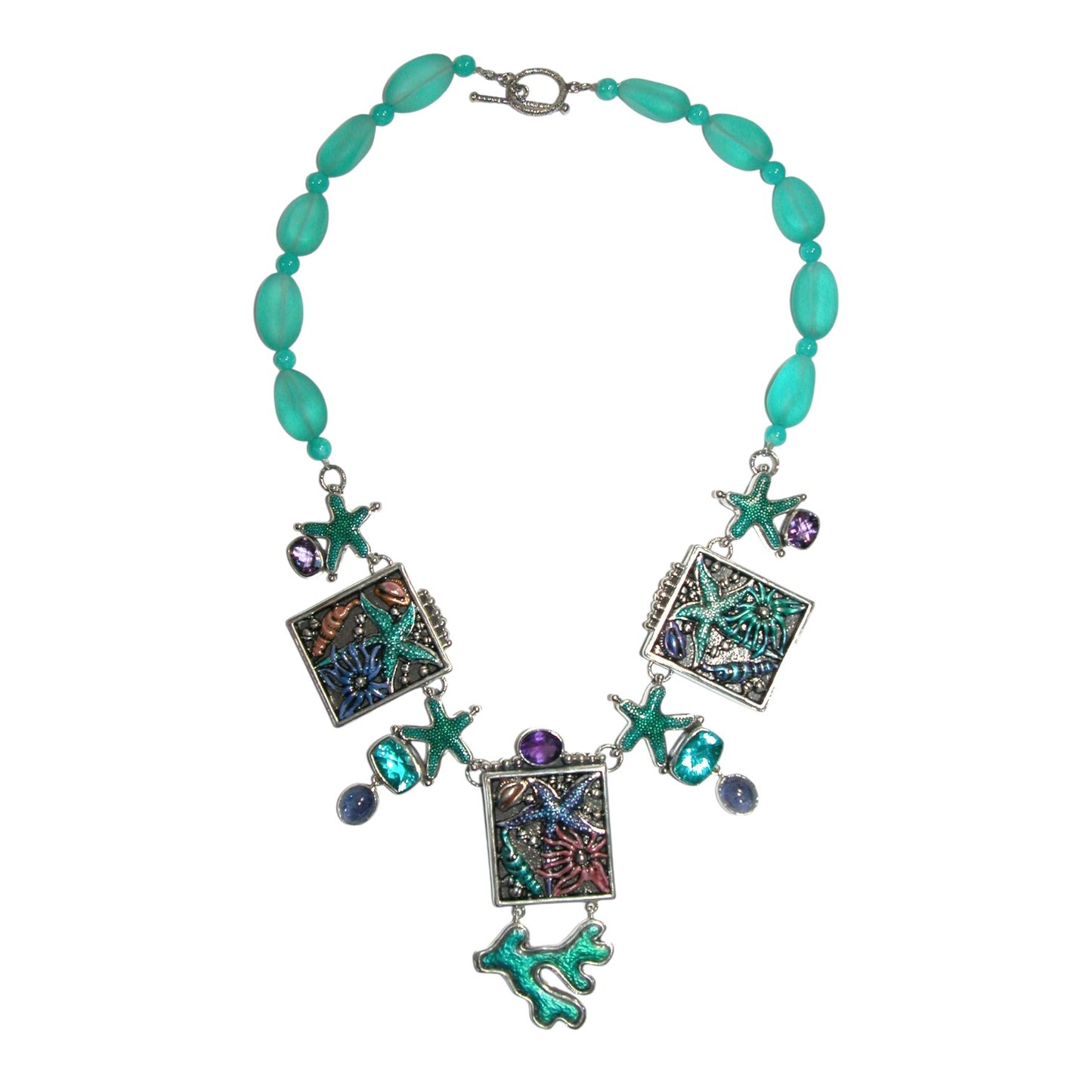 Iolite, Amethyst, Celestial Quartz, Amazonite, Beach Glass Beaded Sterling Silver Necklace