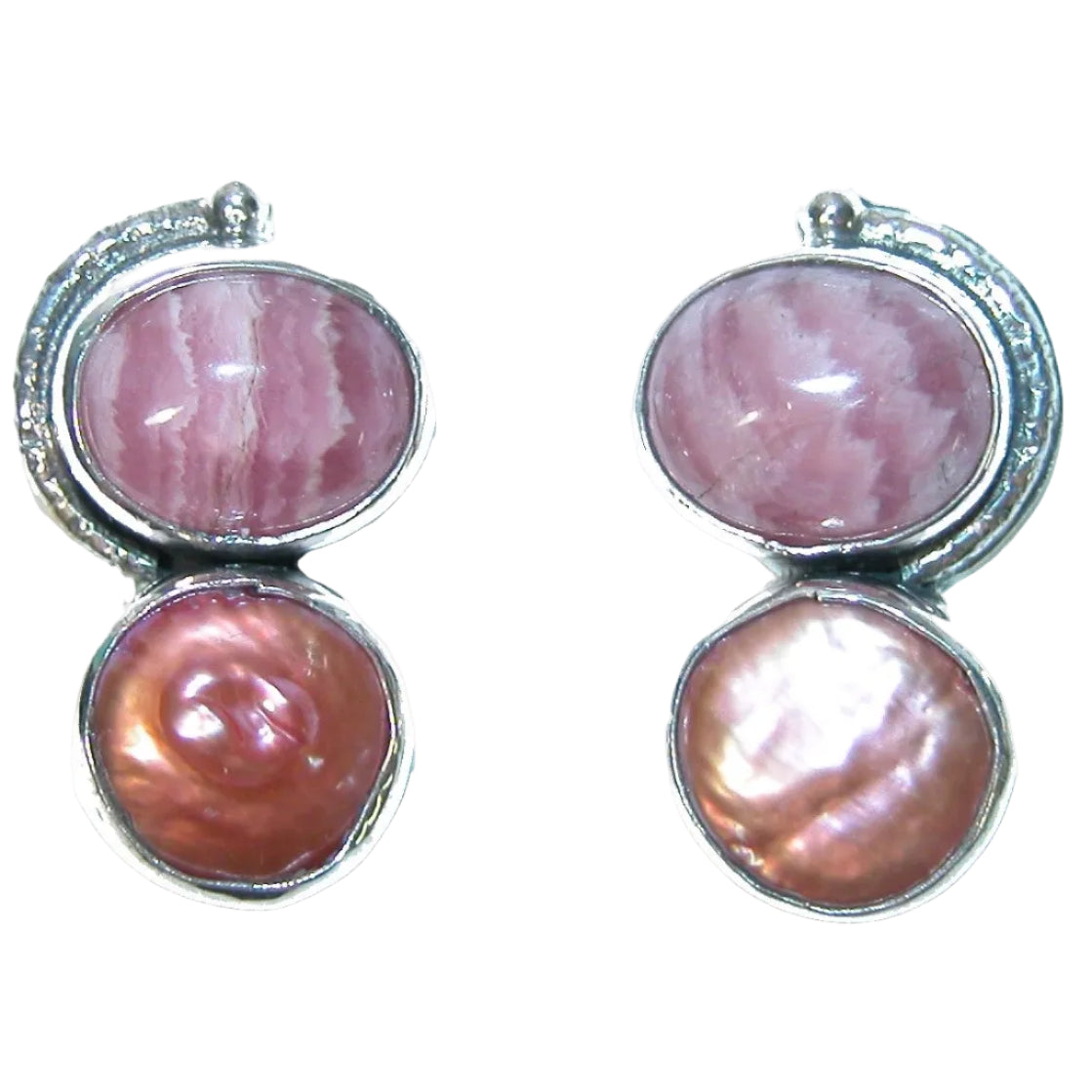 32380 Rhodochrosite, Freshwater Pearl Sterling Silver Earrings
