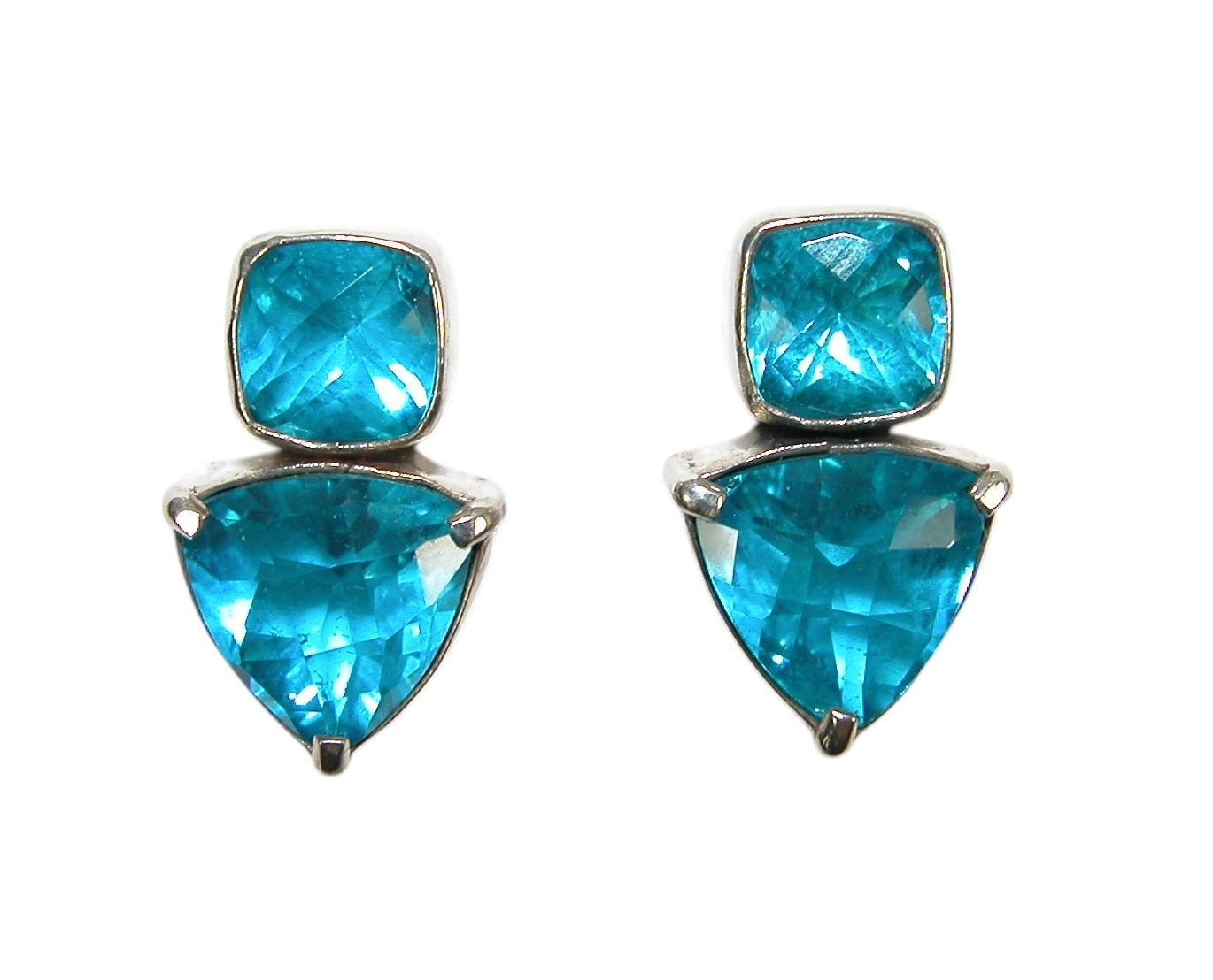 32382 Faceted Aqua Blue 2 Stone Sterling Silver Earring