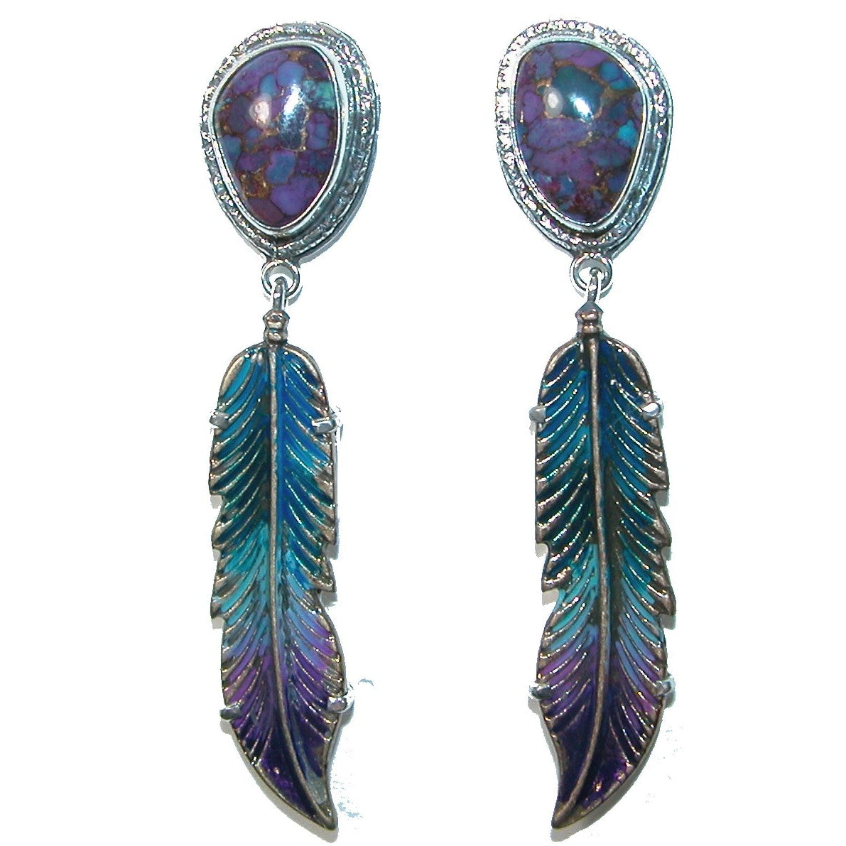 32402 Purple Turquoise Dangling Feather Enameled Sterling Silver Earrings