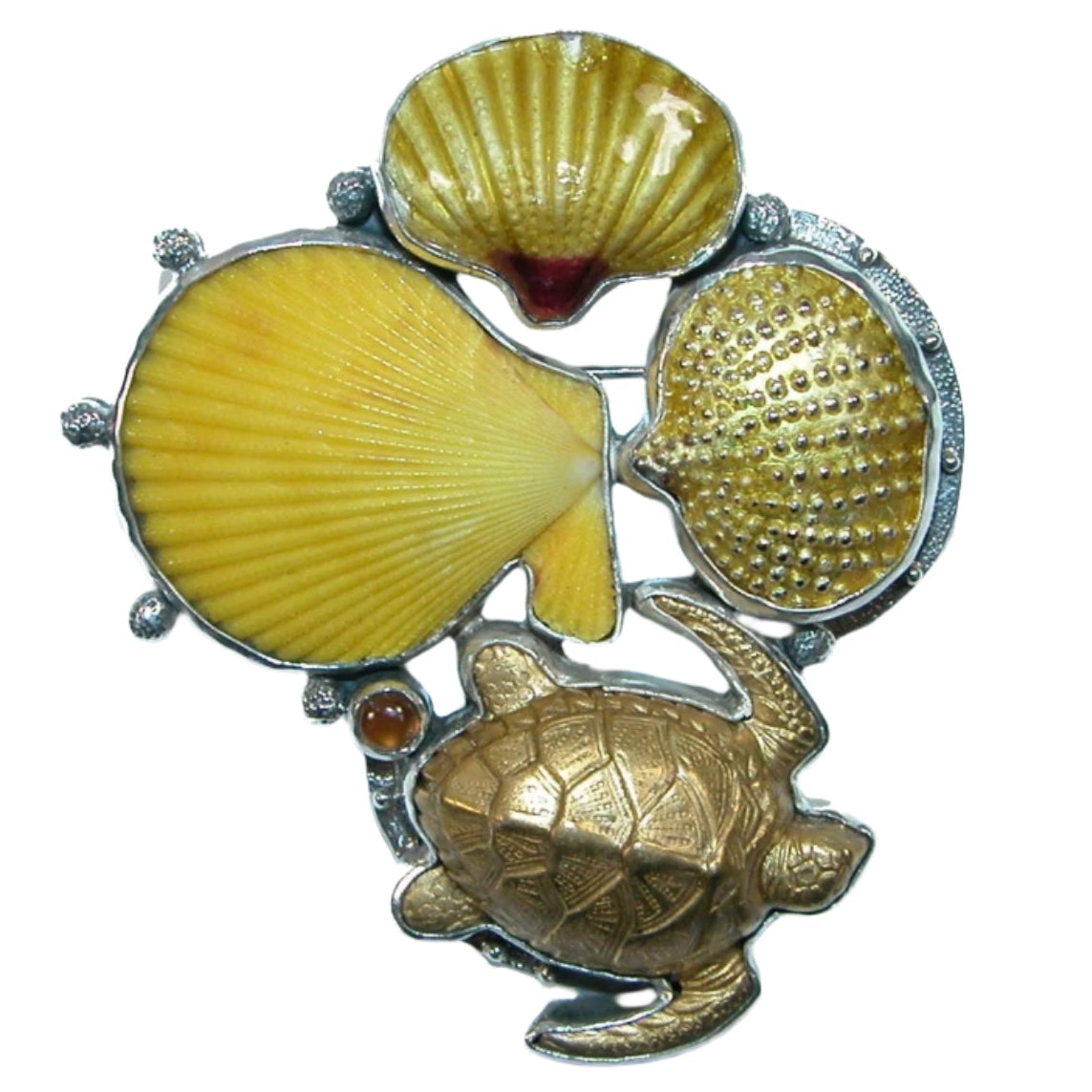 32409 Carved Fossil Seashell, Hessonite, Turtle Sterling Silver Pin and Pendant
