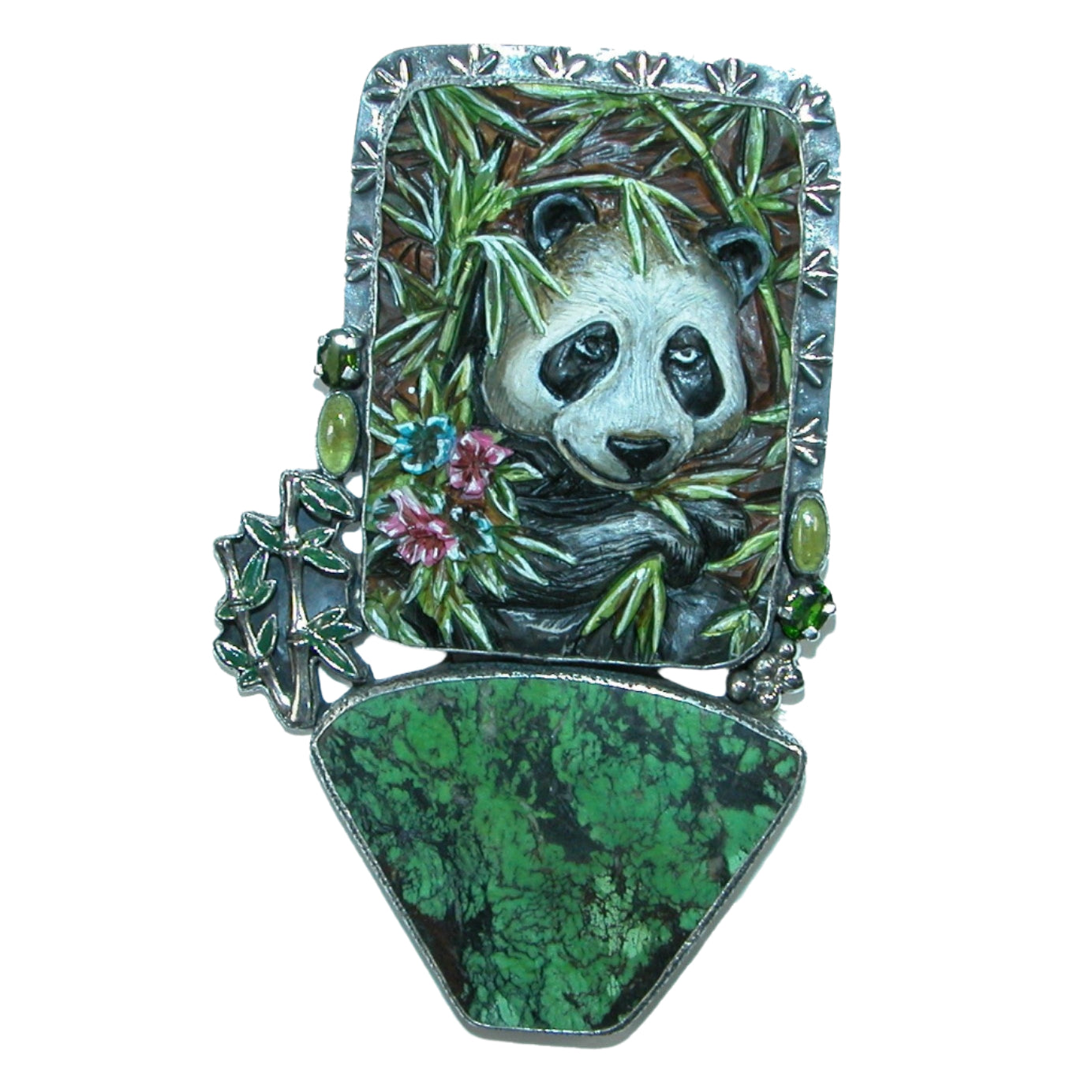 32412 Hand Carved Hand Painted Bone Panda, Turquoise, Peridot Sterling Silver Pin and Pendant