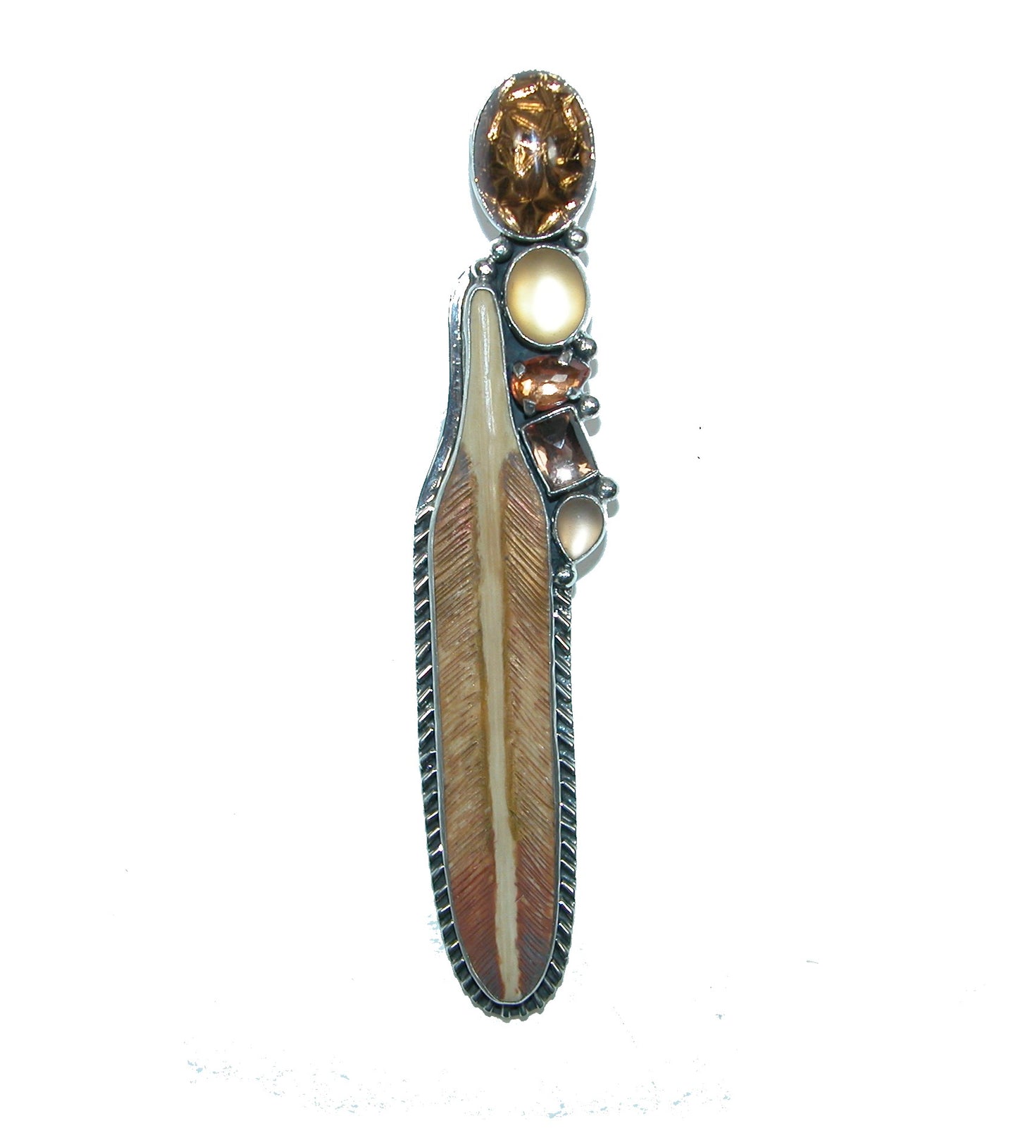 Hand Carved Bone Feather, Citrine, Gold Under Quartz, Vintage Glass Sterling Silver Pin and Pendant