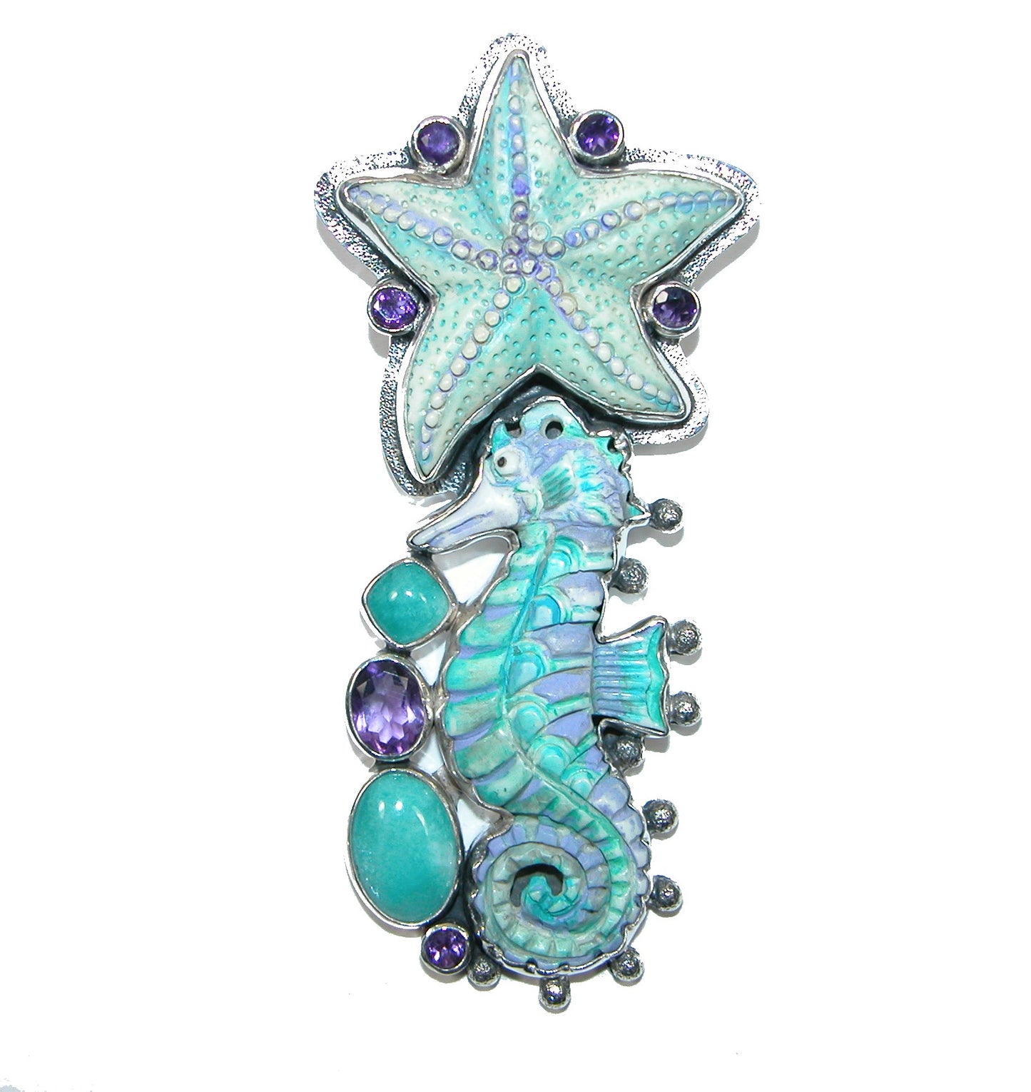 32446 Carved Seahorse Seashell Sterling Silver Pin and Pendant