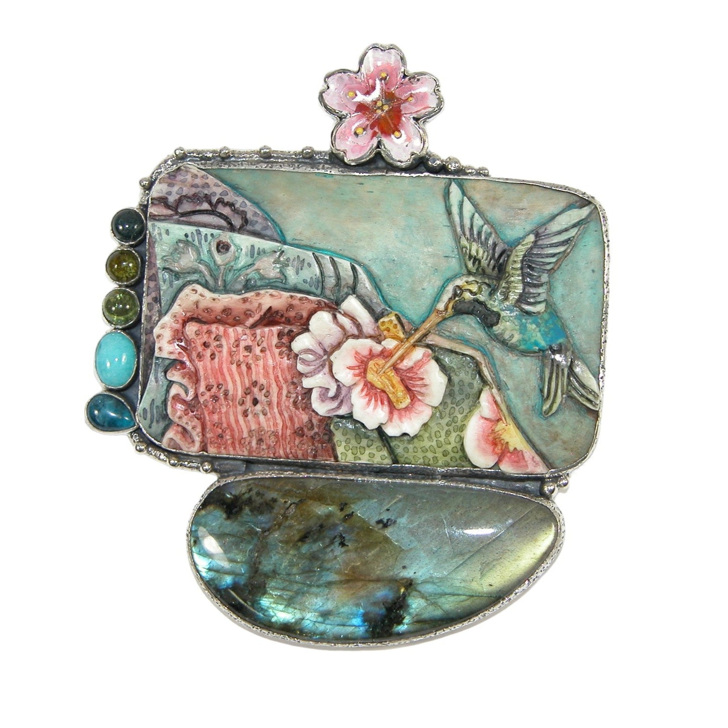 32464 Carved Scrimshaw, Tourmaline, Apatite, Labradorite Enameled Carved Bird Sterling Silver Pin and Pendant
