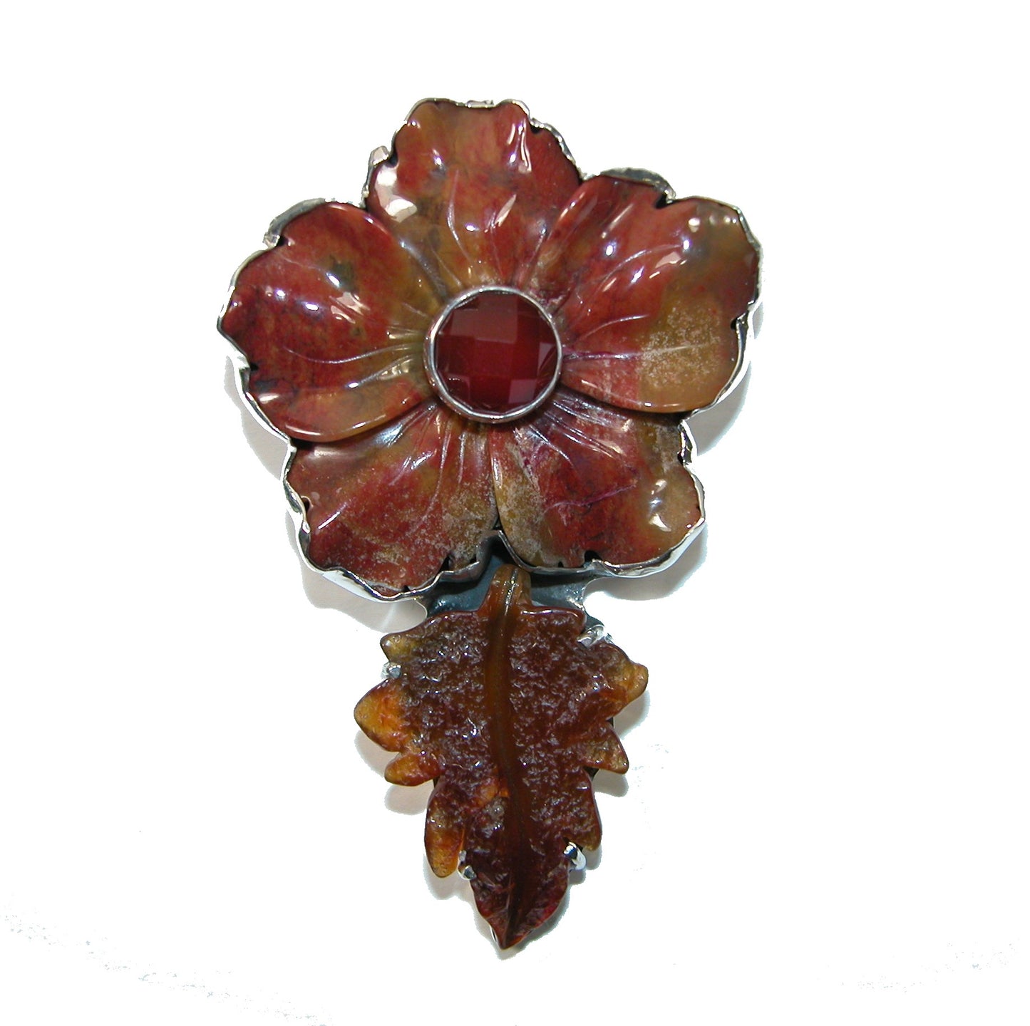 Hand Carved Jasper Flower Carnelian Pin and Pendant