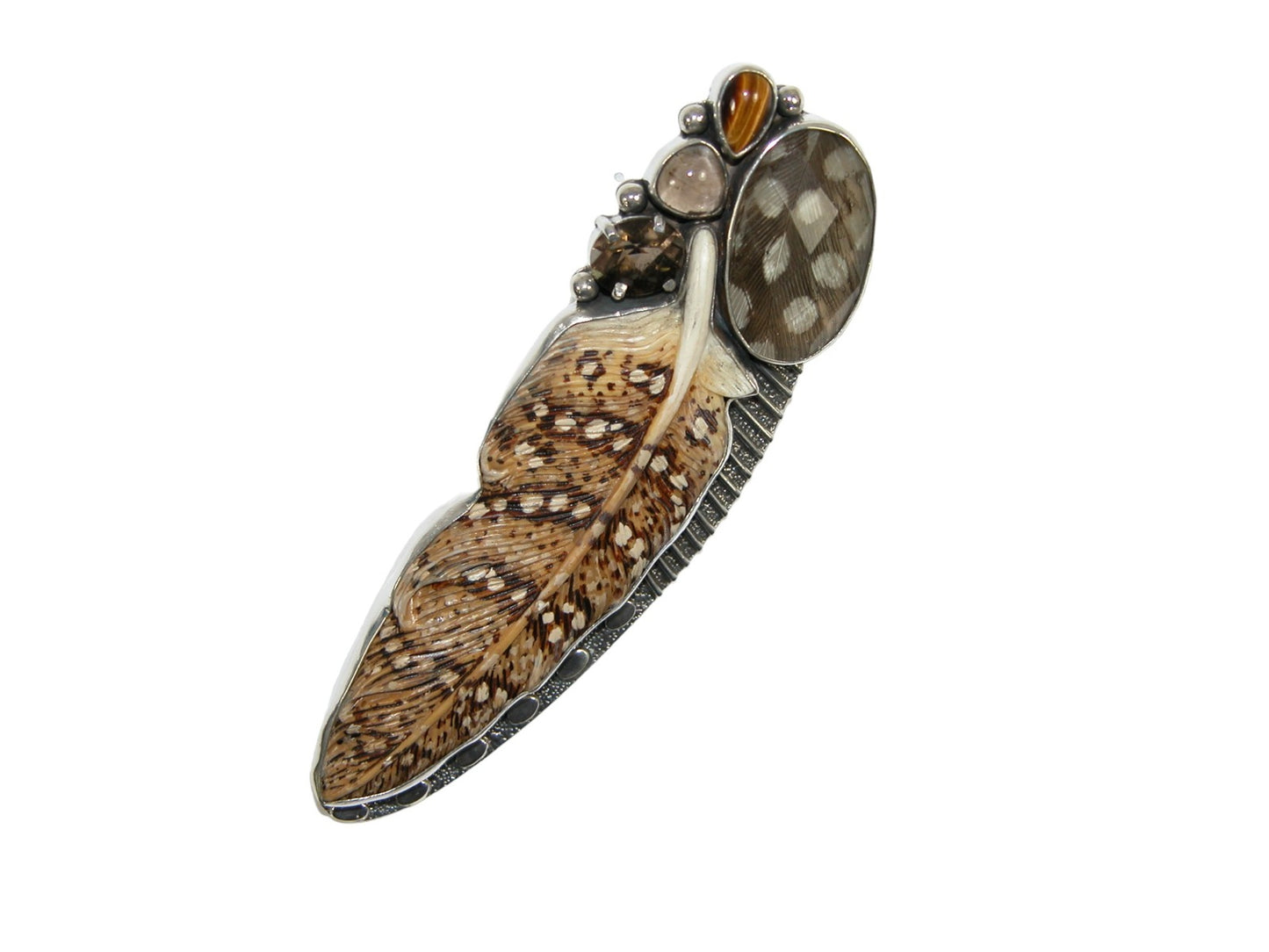 Hand Carved Bone with Gemstones Feather Pin Pendant