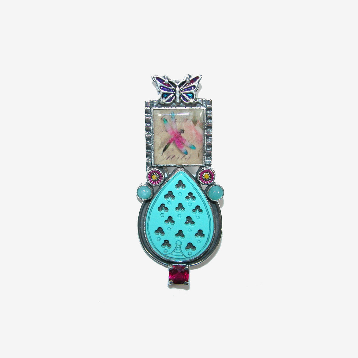 32483 Hand Made Tile, Carved Turquoise Sterling Silver Pin / Pendant