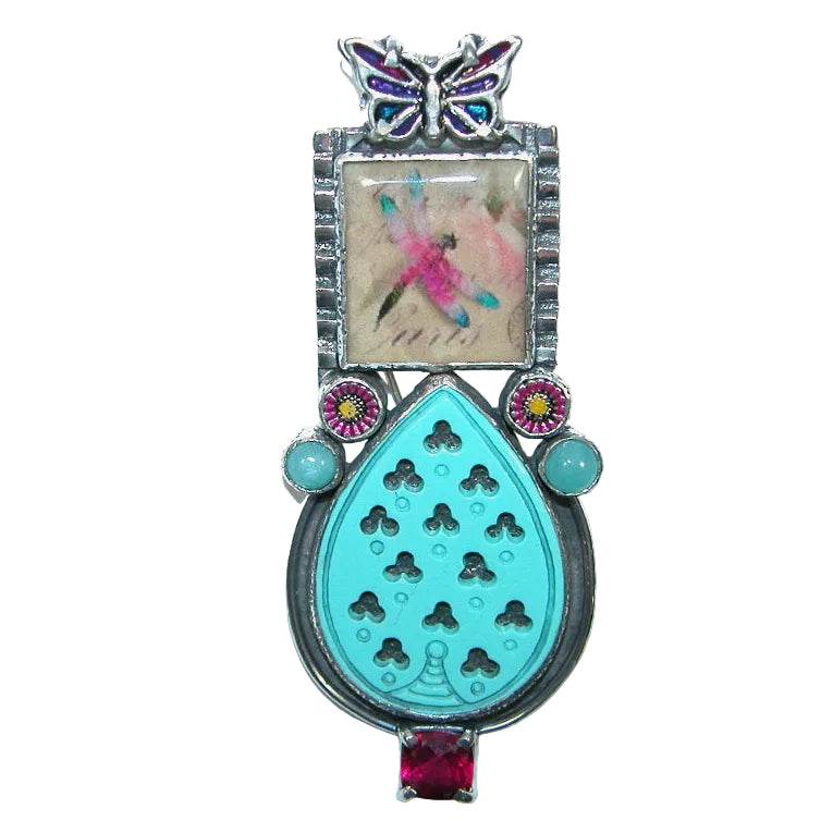 32483 Hand Made Tile, Carved Turquoise Sterling Silver Pin / Pendant