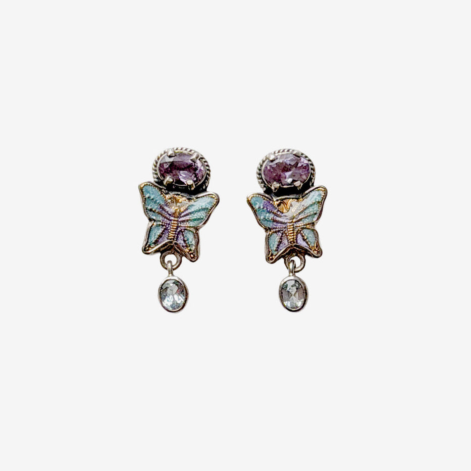 32507 Amethyst, Blue Topaz, Hand-Enameled Butterfly Earrings