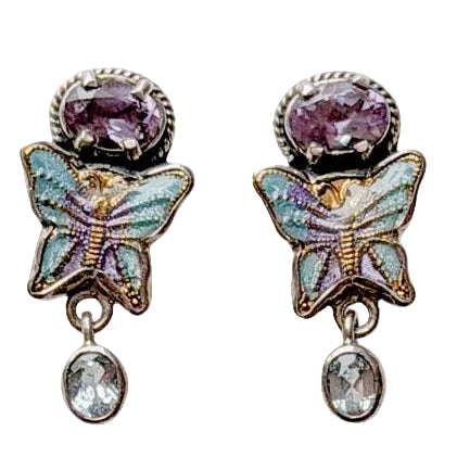 32507 Amethyst, Blue Topaz, Hand-Enameled Butterfly Earrings