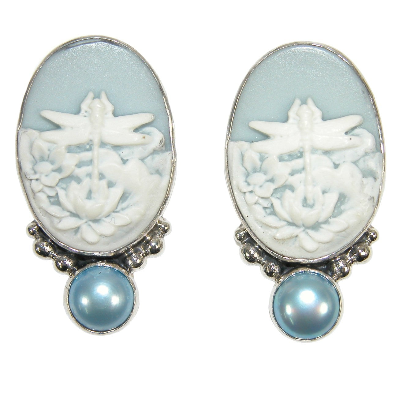 32517 Etched Cameo Freshwater Pearl Sterling Silver Earrings