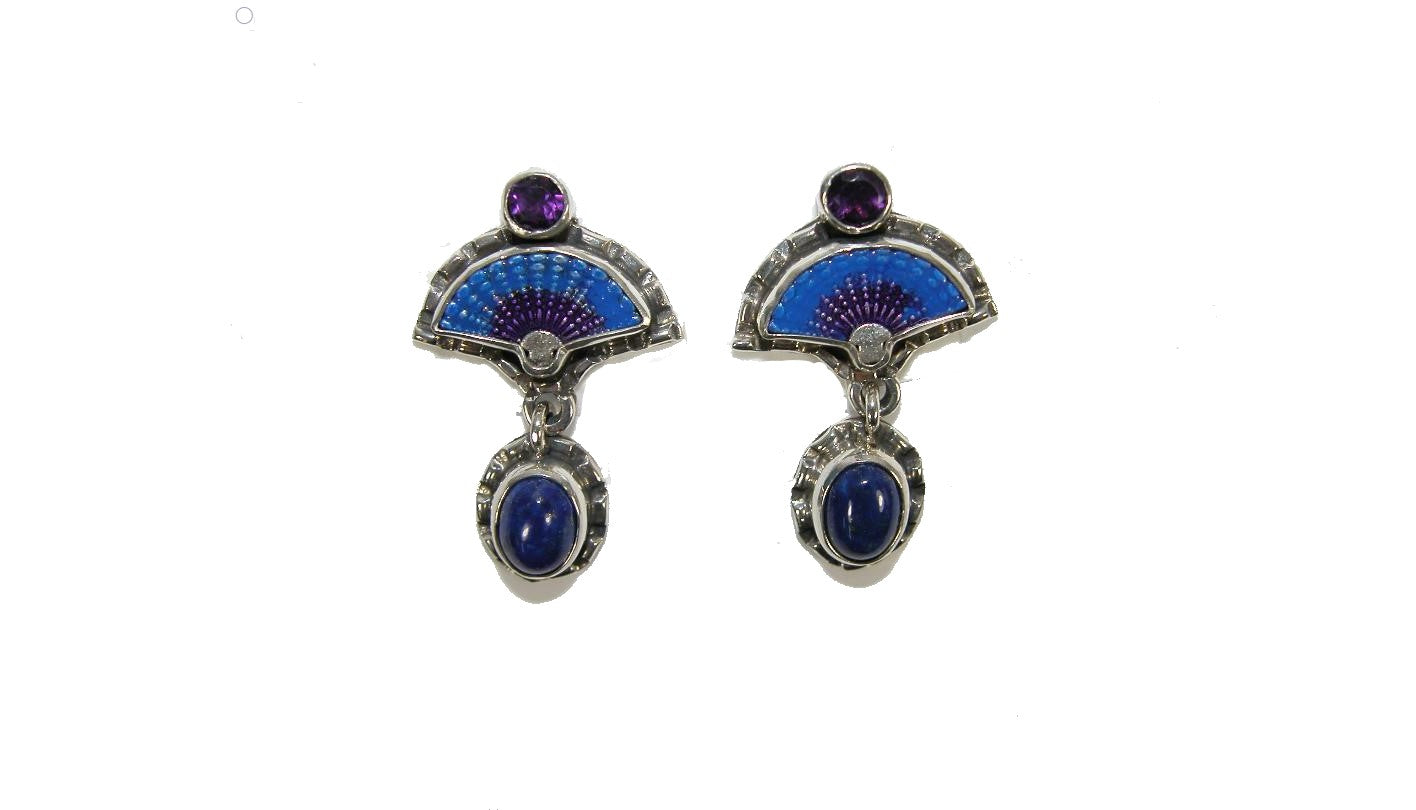 32522 Amethyst, Lapis Hand Enameling Fan Sterling Silver Earrings