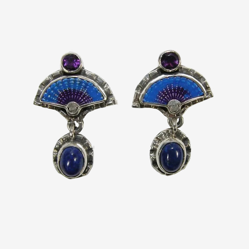 32522 Amethyst, Lapis Hand-Enameled Fan Sterling Silver Earrings