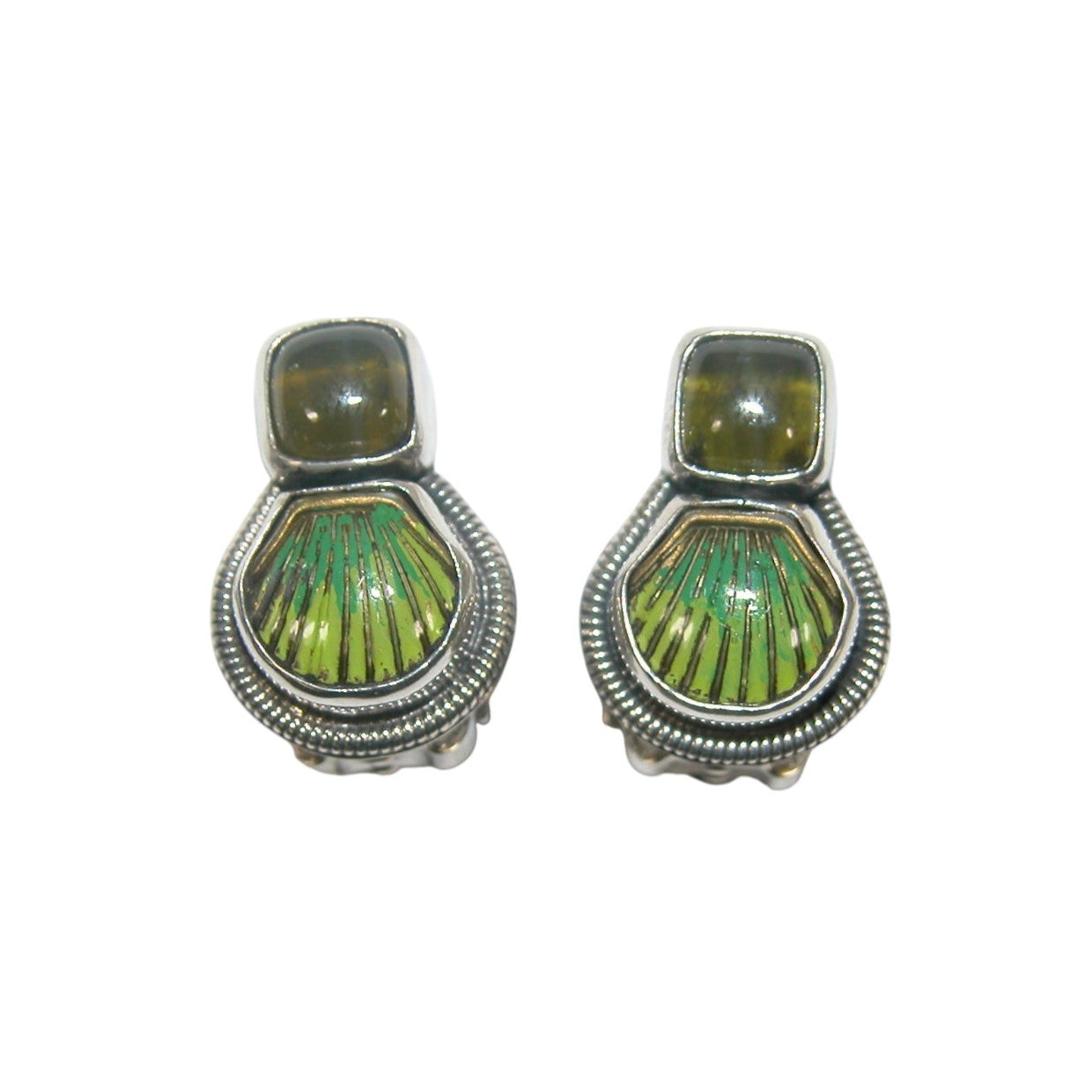 32530G Vesuvianite Enamel Seashell Sterling Silver Earrings