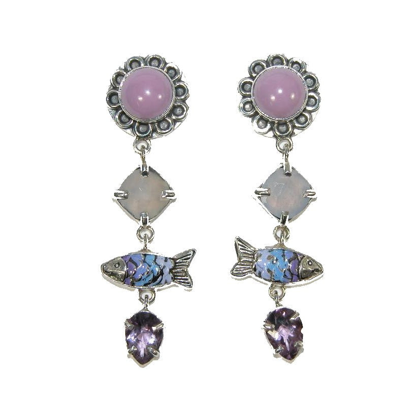 32534 Phosphosiderite, Amethyst, Hand Enameled Fish Sterling Silver Drop Earrings