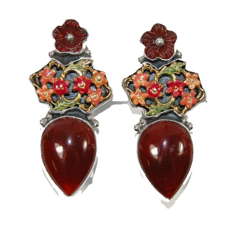 32535 Carnelian Flower Hand Enamel Earrings