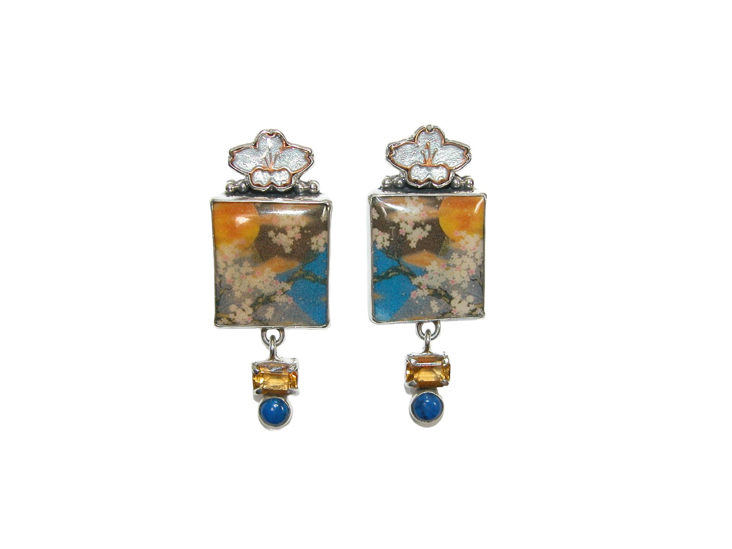 32540 Hand Enameled Flower Tile, Lapis, Citrine Sterling Silver Earrings