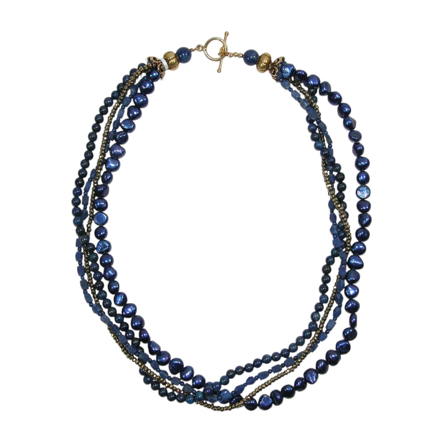 Blue Lapis, Freshwater Pearl Three Strand Sterling Silver Beaded Necklace