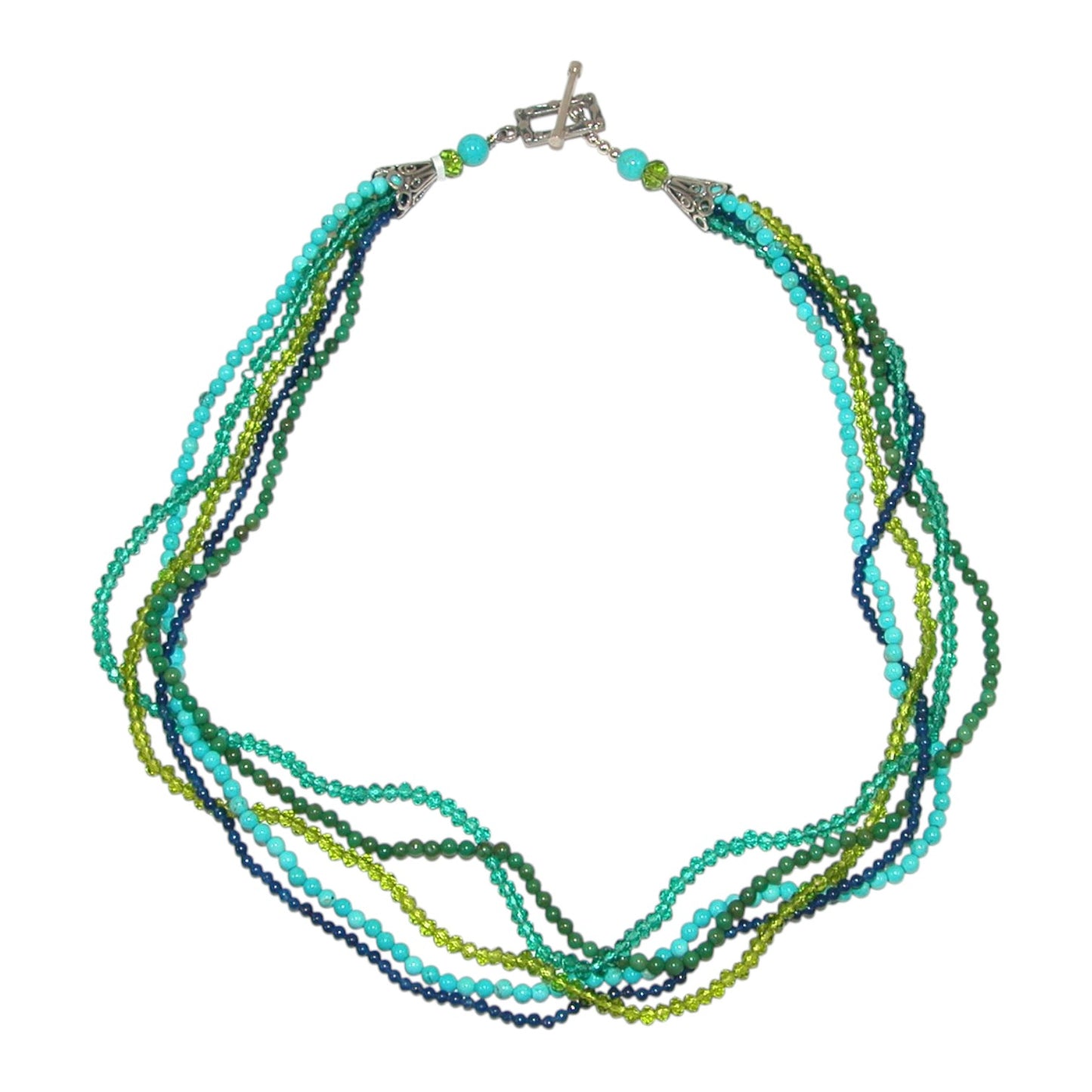 32561 Five Strand Crystal, Turquoise Sterling Silver Beaded Necklace