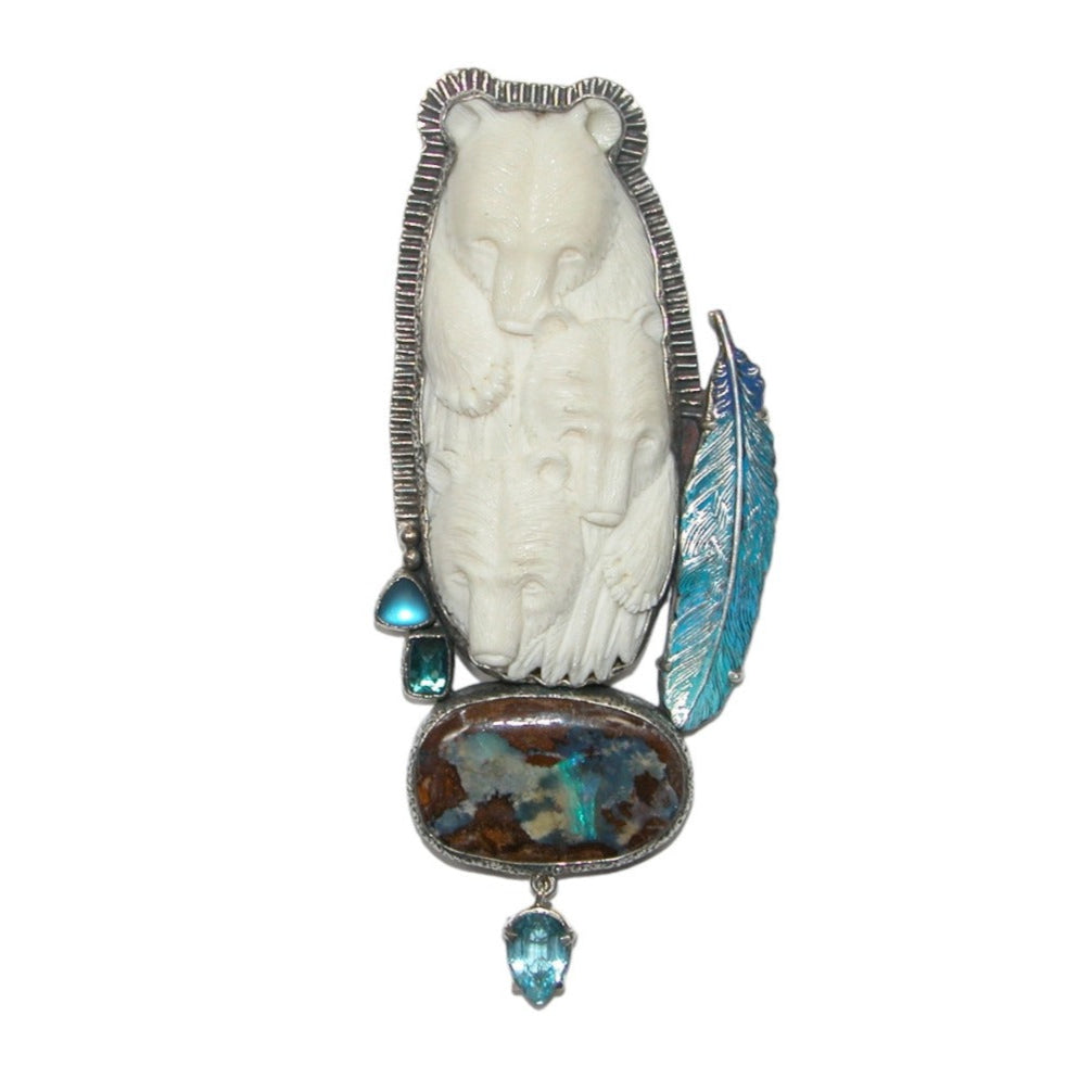 32588 Hand Carved Bone Boulder Opal Blue Topaz Celestial Quartz Enamel Sterling Silver Bear Pin Pendant