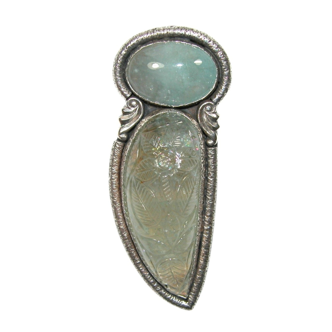 32616 Carved Aquamarine Double Stone Sterling Silver Pin and Pendant