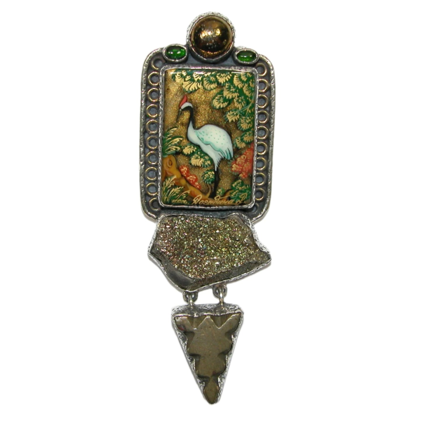 Crane Pyrite Drusy, Ashanti Gold Weight Sterling Silver Pin and Pendant