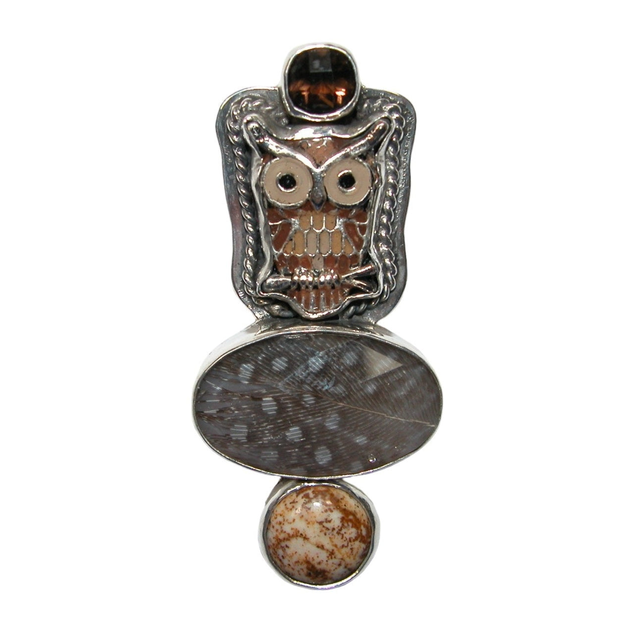 32627 Feather Under Quartz, Smoky Quartz, Picture Jasper Sterling Silver Pin and Pendant