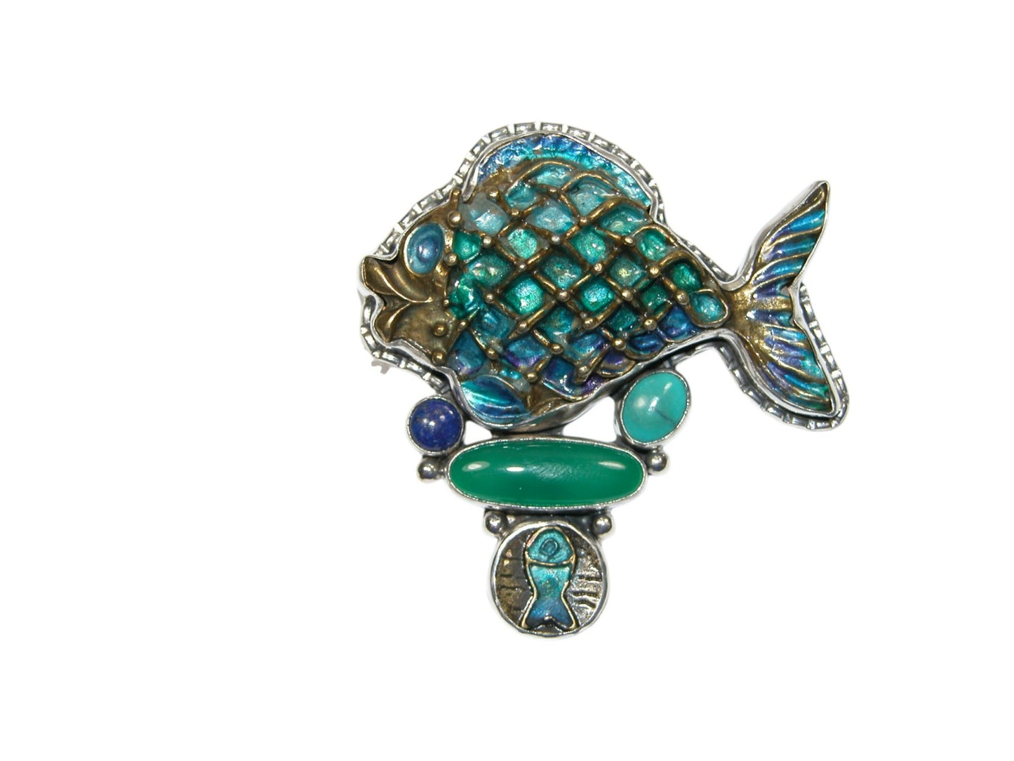 32629 Large Blue and Green Hand Enameled Fish with Green Onyx