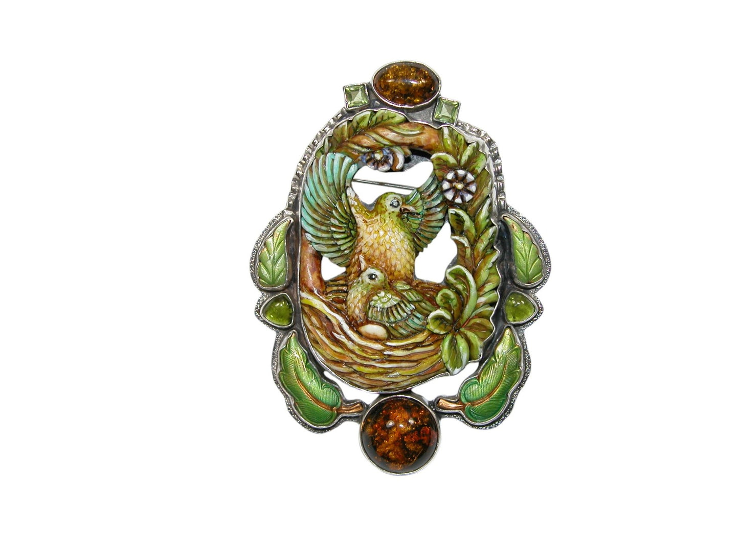 Hand Carved Bone Birds Nest with Baltic Amber