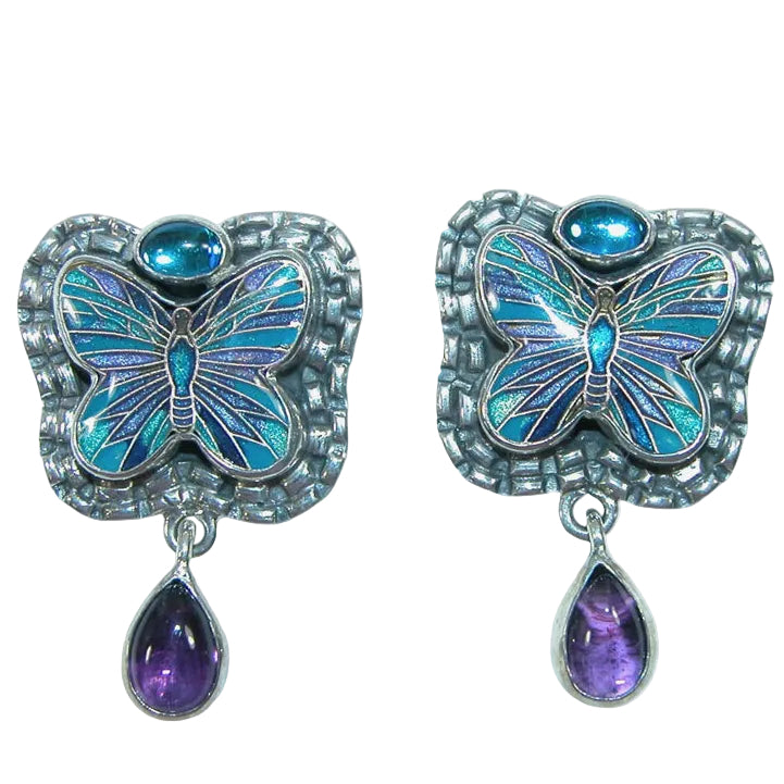 32683 Amethyst, Hand Enameling Butterfly Sterling Silver Earrings