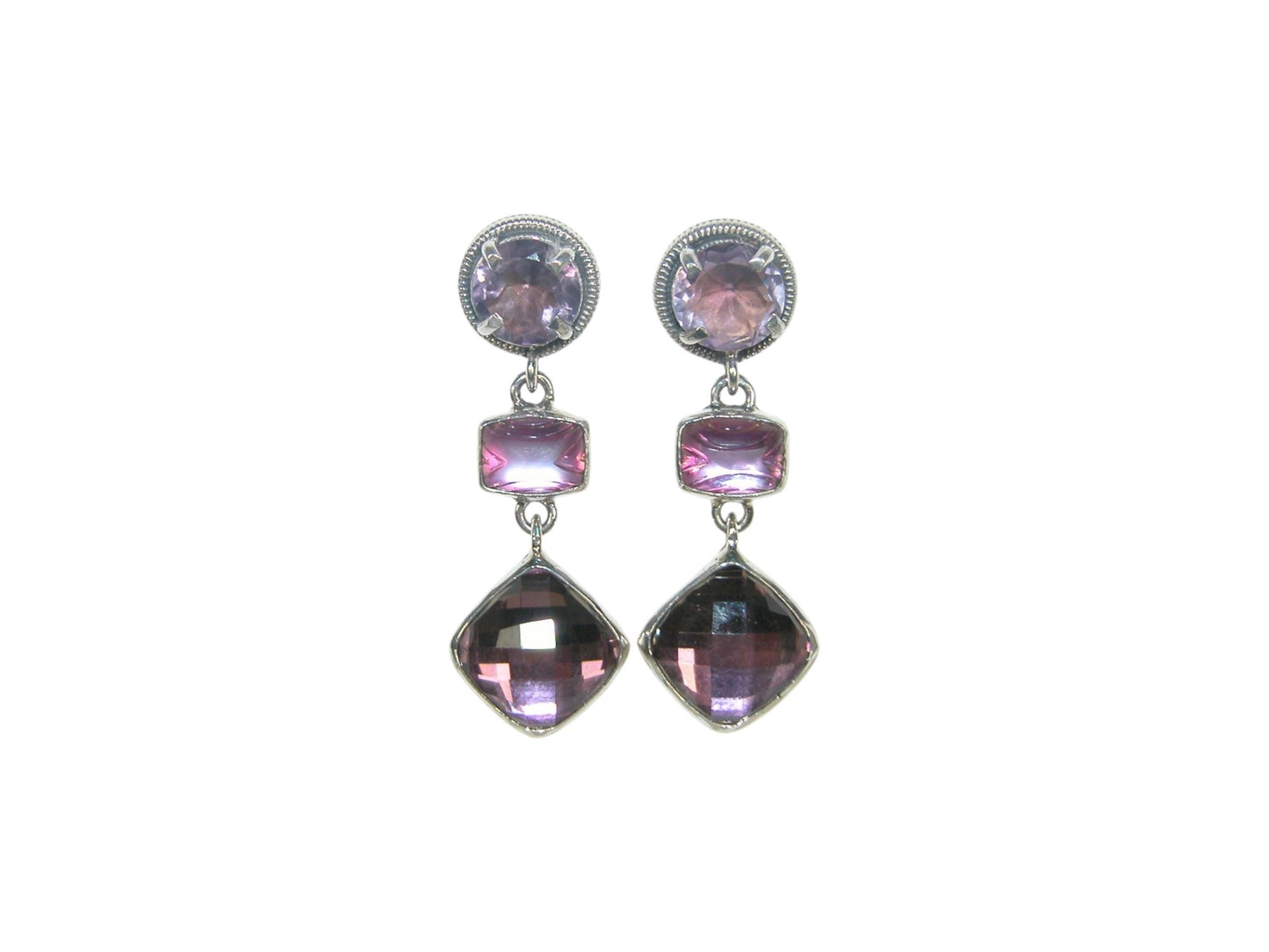 32696 Three Stone, Celestial Quartz, Amethyst Sterling Silver Earrings