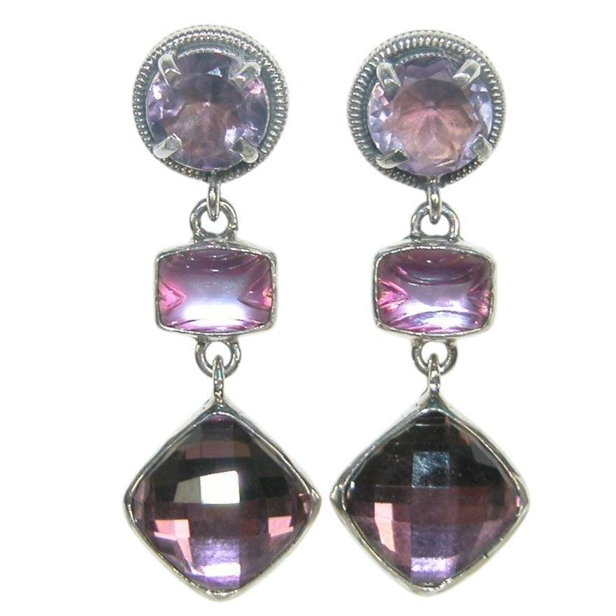 32696 Three Stone, Celestial Quartz, Amethyst Sterling Silver Earrings